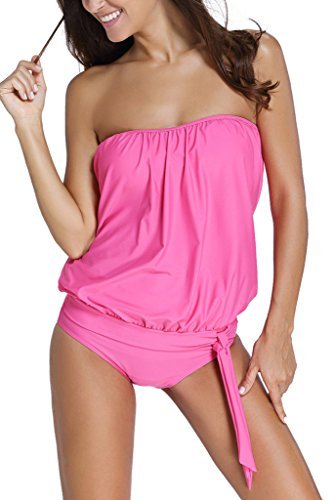 Dokotoo Womens Solid Soft Cup Strapless Tankini With Triangular Briefs Rose (US 12-14) L