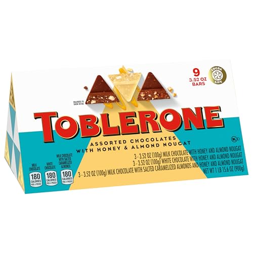 TOBLERONE ASSORTED CHOCOLATE BARS VARIETY PACK (MILK, WHITE, & SALTED CARAMELIZED ALMONDS), BULK CHOCOLATE, 1 GIFT BOX (9 BARS)