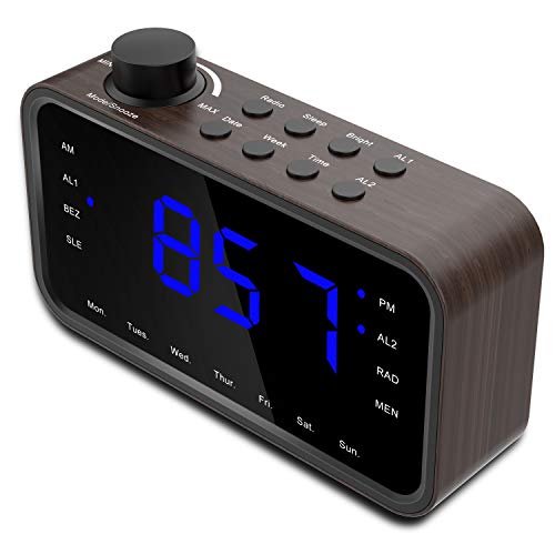 RockSeed Digital Alarm Clock Radio, WoodGrain FM Radio with Large Blue