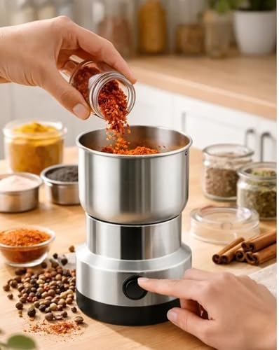 Moedor de Café Elétrico 220V Premium em Aço Inoxidável – Triturador de Grãos Café Pimenta Temperos e Especiarias – Compacto Potente Moagem Uniforme e Fácil de Limpar