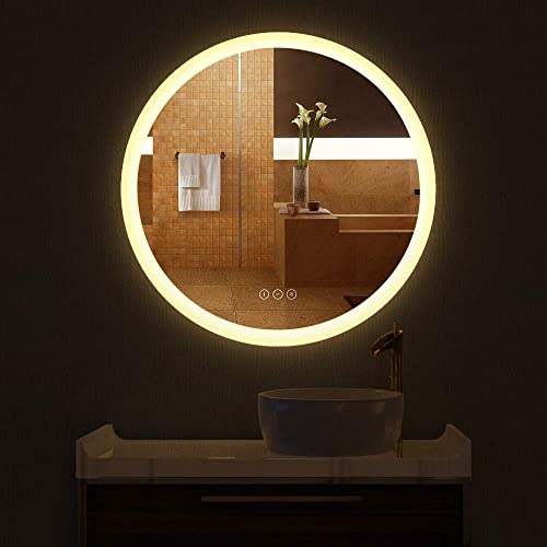 HAUSCHEN HOME R30 inch LED Lighted Bathroom Mirror, White Framed Wall