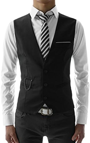SVE TheLees Mens slim fit chain point 3 button vest BLACK US S(Tag size L)