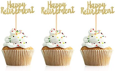 Donoter 36 Pcs Gold Glitter Happy Retirement Cupcake Toppers