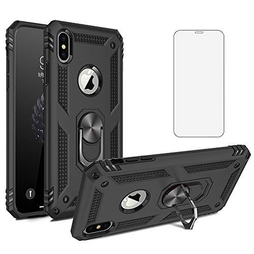 Phone Case for iPhone XR with Tempered Glass Screen Protector And Magnetic Stand Ring Holder Accessories Heavy Duty Rugged Protective Shockproof Hard Bumper iPhoneXR i 10XR 10R 10 X R RX Black
