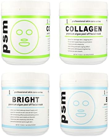 (Set of 4) 2 COLLAGEN, 2 BRIGHT psm Premium Algae Peel Off Facial Mask Powder 17.6 OZ (1.1LB / 500g EA)