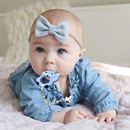 Pacifier Clip Personalized Name with Fox Teether, MCGMITT Customized Binky Holder Teething Silicone Beads for Baby Boys (Blue) - Thumbnail 7