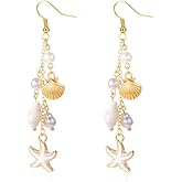 Pink Starfish Pearl Earrings for Women Boho Beach Earring Gold Conch Earring Bohemia Sea Shell Earrings Ocean Scallop Summer Jewelry Gifts