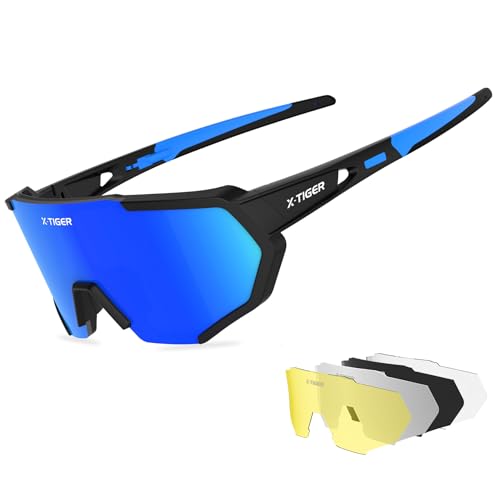 X-TIGER Fahrradbrille, Herren Damen Sportbrille, UV400 mit 5 Wechselgläser,Starker TR90 Frame, mit Montierbarem Brillenband & Ohrhaken, Outdoor-Sport/