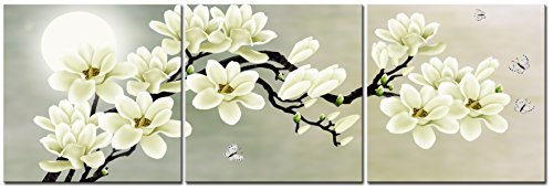 Natural art – White Magnolia & Butterfly Under the Moon Modern Giclee Canvas Prints Paintings to Photo Printed Artwork for Wall Decor