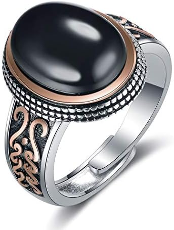 925 Sterling Silver Men's Ring Black Onyx Adjustable Size JiangXin Brand Luxury White Gold Plated Jewellery Gift for Father Boyfriend Brother Husband