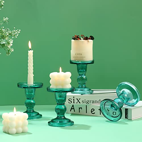 Set of 4 Glass Candle Holder Set Clear, Green Candlesticks Holders Pillar Taper Candles Tealight Stand for Wedding Centerpieces Home Decorations Dining Table