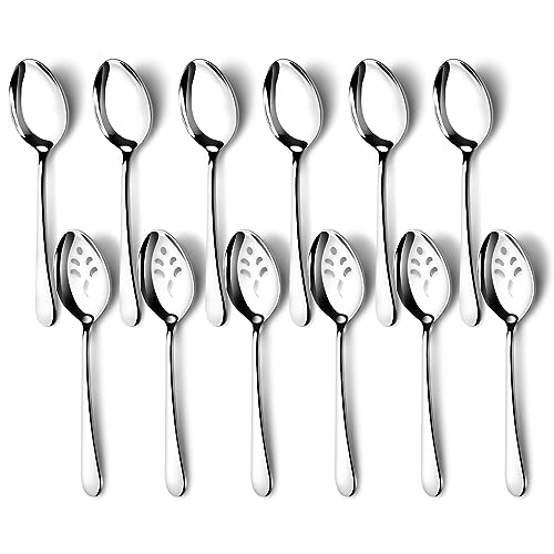 Pleafind 12 PCS Serving Utensils - 9.1 inch, Include 6 Large, 6 Slotted Spoons, Stainless Steel for Parties, Buffet, Banquet