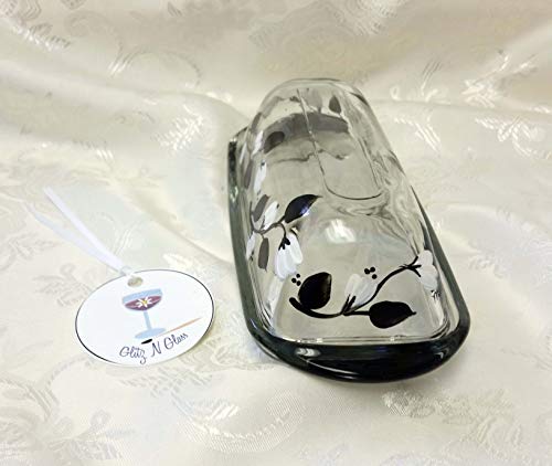 Hand Painted Glass Butter Dish With Black and White Floral Vine Pattern