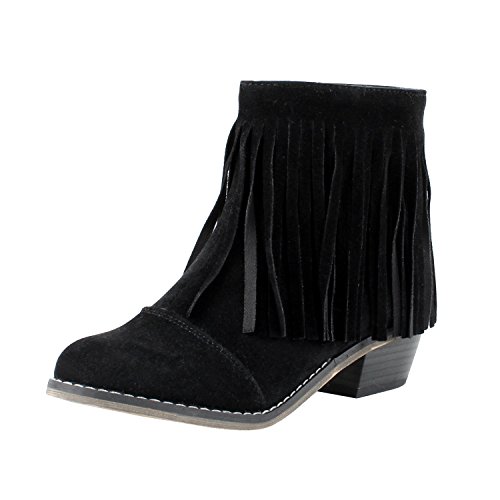 Breckelles Women Suede Fringe Cap Toe Ankle Booties, Black - 8 B(M) US