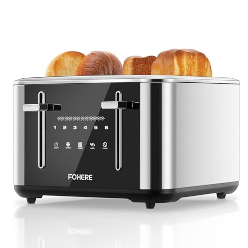 Toaster 4 Slices, 1600 W Intelligent Stainless Steel Toaster, 6 Colour Settings, Full Touchscreen Operation, Extra Wide 1.57 Inch Slot, with Digital Timer, Crumb Drawer, Silver