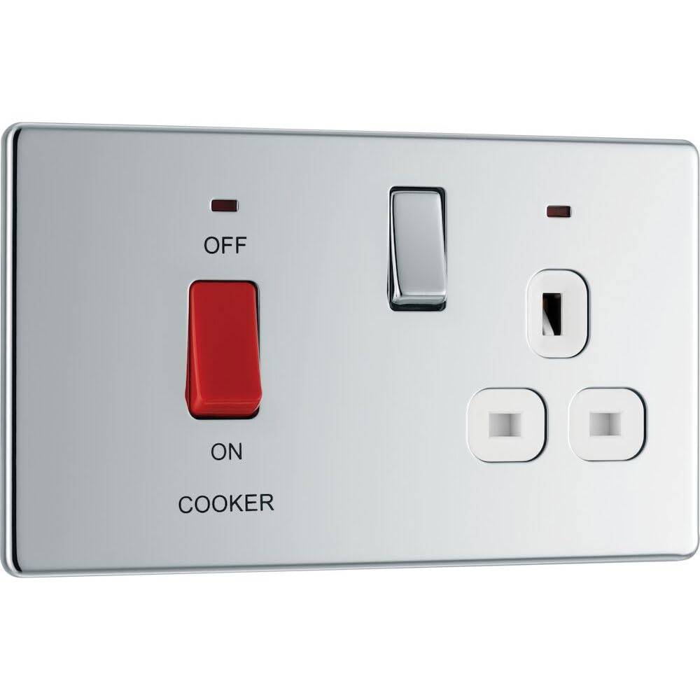 BG Electrical Cooker Switch with Socket and LED, Cooker Control Unit, Control Socket, Double Pole, Screwless Front Plate, Slim Profile, Premium Flatplate, Polished Chrome, White Inserts, 45A, FPC70W