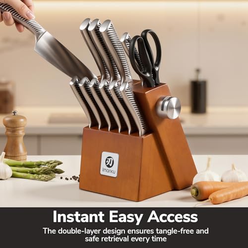 imarku 14-Piece Knife Set, Japanese Stainless Steel Knives Set for Kitchen, Full-Tang Gyutou Knife Sets with Block and Build-in Sharpener, Brown, Dishwasher Safe, House Warming Gifts for Men