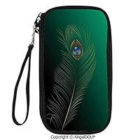 PUTIEN Printed Travel Passport Holder Purse Peacock Feather Illustration in Simplistic Artistic Style Wild Nature Life Print Decorative with Double Zipper closure.