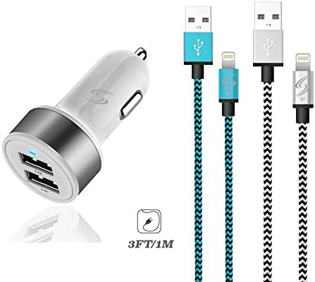 StyleTech Inc. Dual-Port USB Universal Car Charger Rapid High Speed Charge Dual 2.1A Ports with Lightning Charging Cable for iPhone 6s/6/5/5s/Plus 