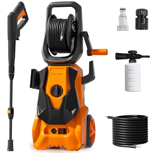 Pressure Washers 1800W 140Bar, Jet Washers Pressure Washers with Hose Reel Adjustable Nozzles & Foam Tank Power Cord, Portable Power Washer for Yard, Cars, Garden, Furniture.