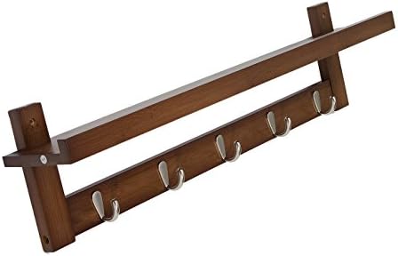 Pallamila Bamboo Wall Shelf,Coat Hook Rack Unibody Construction with 5 Alloy Hooks for Bedroom,Kitchen,Bathroom and Home Decoration (Brown)
