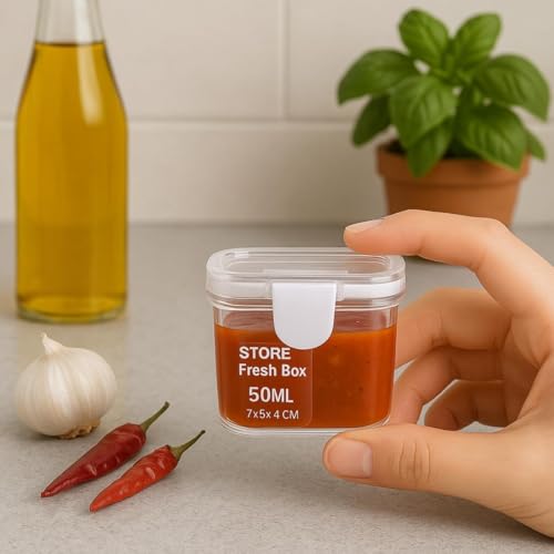 Kit 4 Mini Potes Hermético Retangular Plástico Transparente 50ml 7x5x4cm Tampa c/Trava de Segurança, Organizador de Alimentos, Porta Molhos, Reutilizáveis e Atóxico Livre BPA