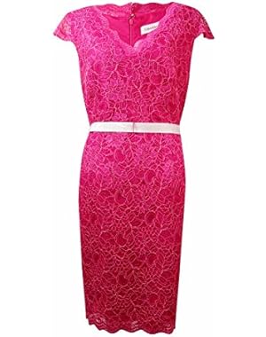 Calvin Klein Women's Scalloped V-Neck Belted Lace Dress
