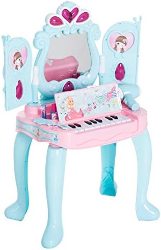 Qaba 2-in-1 Kids Pretend Play Set Piano Princess Vanity Table with Lights, Sounds, and Accessories - Light Blue/ Pink
