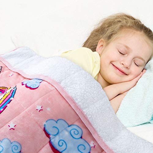 Sivio Kids Sherpa Fleece Weighted Blanket, 5lbs Pink Unicorn, Ultra Soft and Cozy Heavy Blanket, Great for Calming and Sleep, Fall and Winter Sherpa Flannel Weighted Blanket for Child, 36x48 Inch