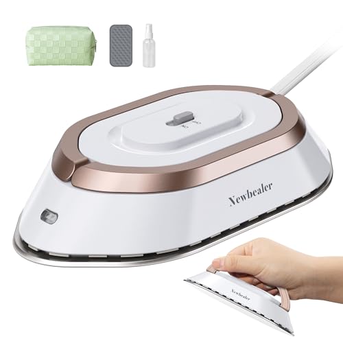 Newbealer Mini Travel Iron with Universal Voltage 100-240V, Compact Iron for Clothes (No Steam), Ceramic Surface, 150°C Hot Press with Spray Bottle, Bag and Silicone Stand, Gold