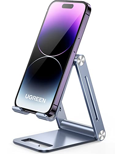 UGREEN Phone Stand for Desk Cell Phone Holder Adjustable Compatible with iPhone 16/15/14/13/12 Pro Max/11/XS Max/XR/X/8 Plus, Aluminum Metal Desktop Phone Stand Portable, Blue