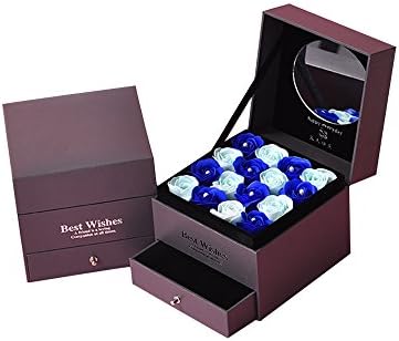 IUU Preserved Rose Scented Bath Soap Rose in Gift Box Multifunctional Jewelry Storage Box Cosmetic Box Beautiful Soap Rose Flower 16PCS (Blue)