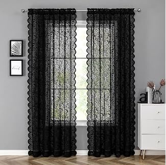 Bujasso Black Lace Sheer Curtains 90 inch Vintage Floral Sheer Window Curtain Panels for Living Room Bedroom Elegant Light Filtering Black Drapes Window Treatment Set Rod Pocket 2 Panels 54" Wx90 L