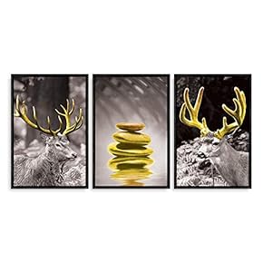 3 Panel Framed Canvas Wall Art for Living Room, Bedroom Deer with Gold Antlers Canvas Prints for Home Decoration Ready to Hang - 16"x24"x3 Panels