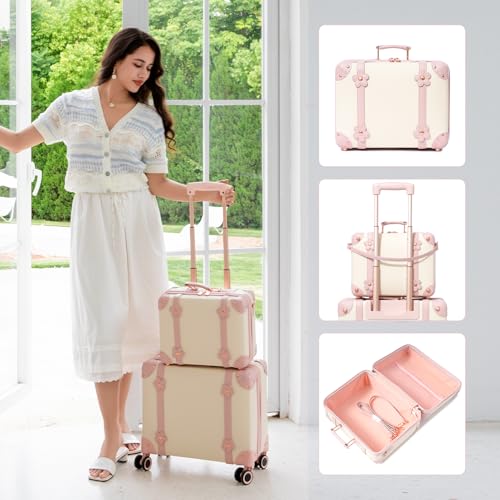 urecity Vintage PU Leather Cabin Size Luggage Set Stylish Retro Underseat Carry On Suitcases with TSA Lock & Spinner Wheels, Lightweight Design for Elegant Travel (18''+14'' White Flowers)