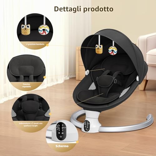 Brolteja Electric Baby Bed for Kids, Bluetooth Swing with APP and 3 Stage Timer (Black) 5 Speed Oscillation and Remote Control