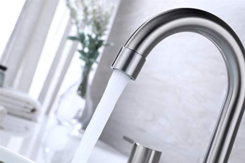 RKF Two Handle Widespread Bathroom Sink Faucet with Pop-up Drain with overflow and CUPC Faucet Supply Hoses,Brushed Nickel,WF015-9-BN2
