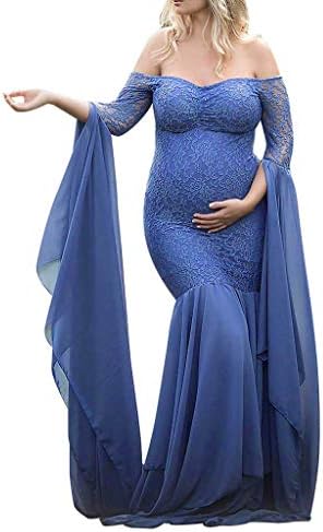 Maternity Dress Women Off Shoulder Ruffle Sleeve Maternity Gown Maxi Photography Baby Shower Props Dress
