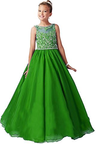 Aiduo Big Girls Floor Length Beaded Organza Pageant Dress (14, Green)