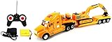 Heavy Construction Semi Trailer Remote Control RC Semi-Truck Ready To Run RTR w/ Removable Toy Excavator, Barrels (Colors May Vary)