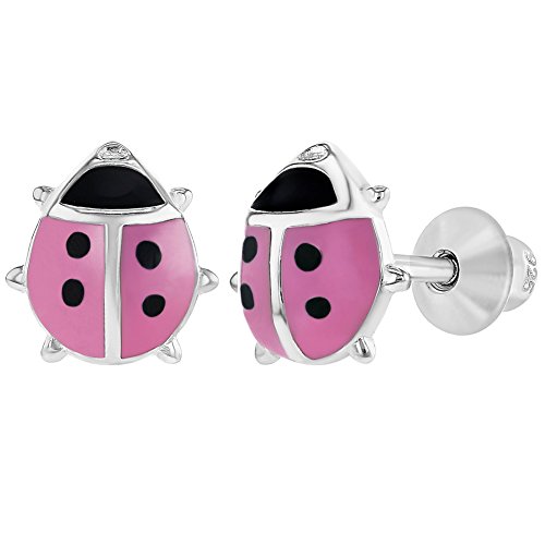 925 Sterling Silver Pink Enamel Ladybug Earrings Screw Back Earrings Girls