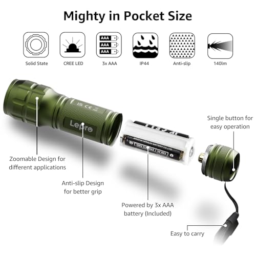 LE LED Torch Battery Powered, LE1000 Bright Hand Flashlight, Adjustable Focus, Water Resistant, Lightweight, for Power Cut, Camping, Dog Walking, Easy to Use Small Torch, Gift for Kids Men Dad Him