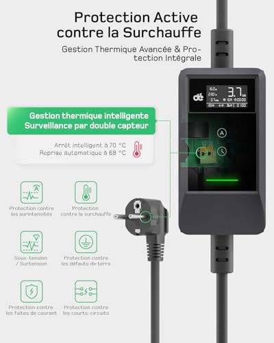 dé 3.7kW Electric Car Charger APP [10m, 6-16A] Electric Car Charging Cable with Wall Mount, Type 2 Digital LCD Charger, Compatible with E-208, Model Y, E-Tech and Other EV/PHEV