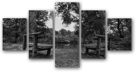 緑の水湖 に面したベンチ 自然 大放出セール 白黒 5枚 パネル アートパネル 現代壁の絵 木枠付きの完成品 壁アートしゃしん 壁掛け部屋飾り背景絵画 装飾 軽くて取り付けやすい キャンバス写真