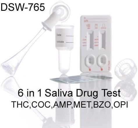 Home Saliva Drug Test screend for 6 drugs ~ DSW-765 6 in 1 drug test kits individual results for ~ cannabis, cocaine, amphetamine, methamphetamine, benzodiazepine and opiates (heroin) by UKDrugTesting
