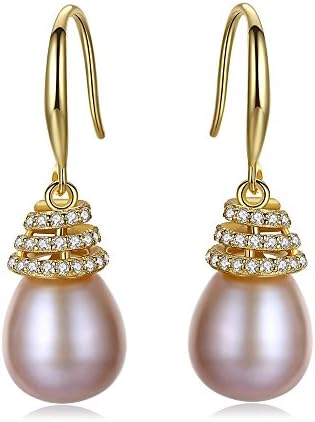 Gold plated Sterling Silver 10mm Freshwater Pearl Teardrop Bridal Hook Dangle Earrings(Purple)
