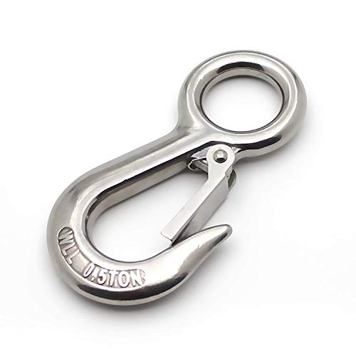 POFET Heavy Duty American Cargo Hook Hoisting Hook,0.2T-304 Stainless Steel Large Eye Cargo Hook with Latch Working Load 500KG