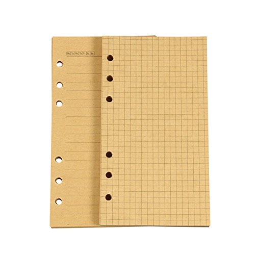 RIANCY A6 Refill Lined Paper 6 Hole Lined Kraft Paper for Loose Leaf Binder Notebook Leather Journal Refills Diary Set of 2 40 Sheets/80 Pages Per Item (Grid,2 Pack)