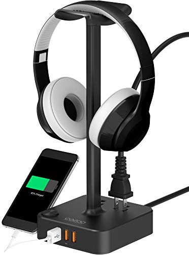 Headphone Stand with USB Charger COZOO Desktop Gaming Headset Holder Hanger with 3 USB Charging Station and 2 Outlets Power Strip – Suitable for Gaming, DJ, Wireless Earphone Display (Black)