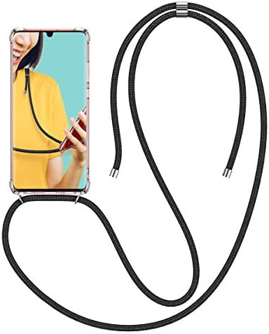Winhoo Case for Huawei P30 Pro with Band Silicone and Hard Case Clear Transparent Scratch-Proof Cover Holder with Smartphone Necklace Neck Strap Chain Neck Cord - Black